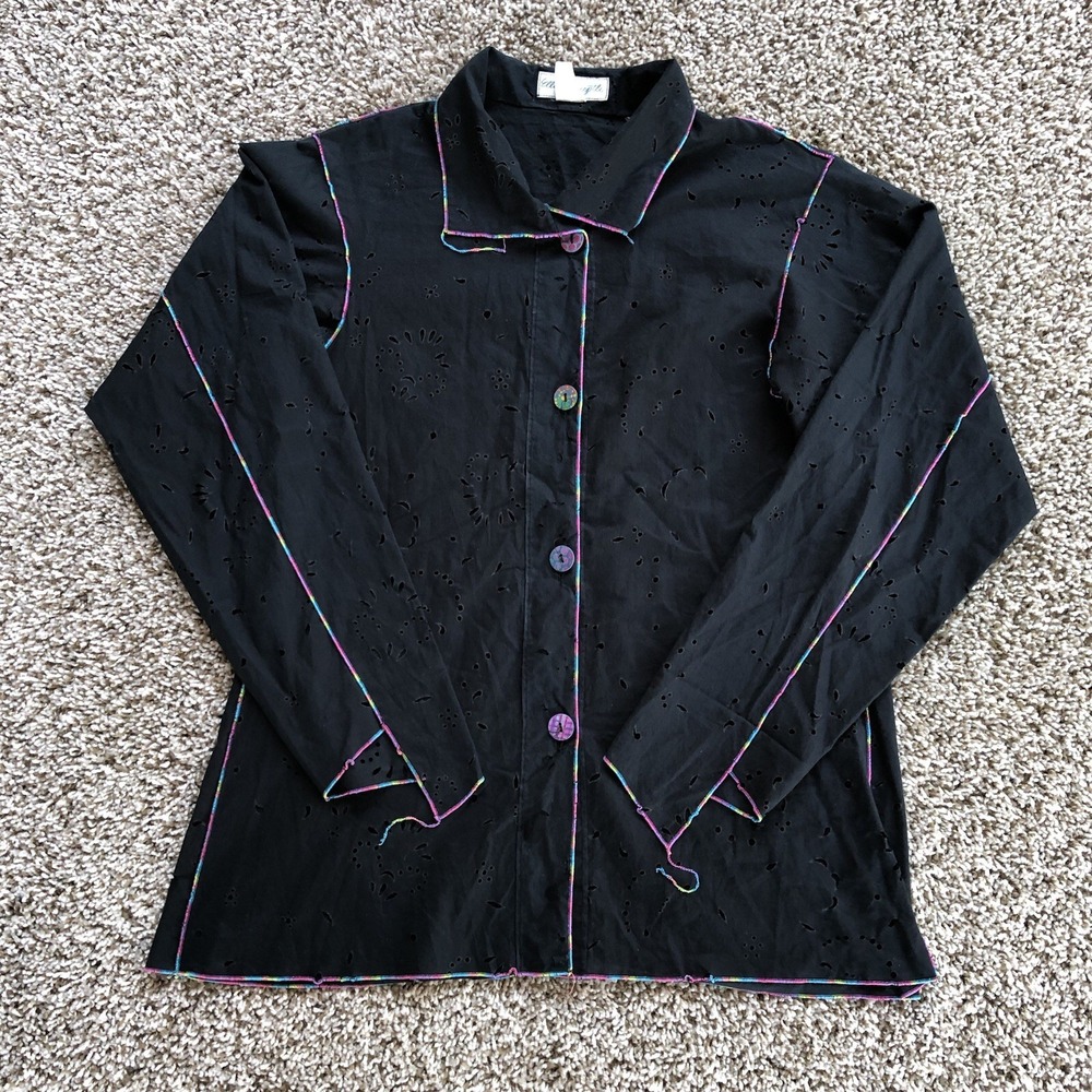 Vintage Ellen Hauptli Button Up Blouse Shirt Fits M/L Eyelet Lightweight Top